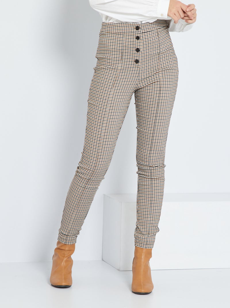 Pantalon pied de puce beige carreaux - Kiabi