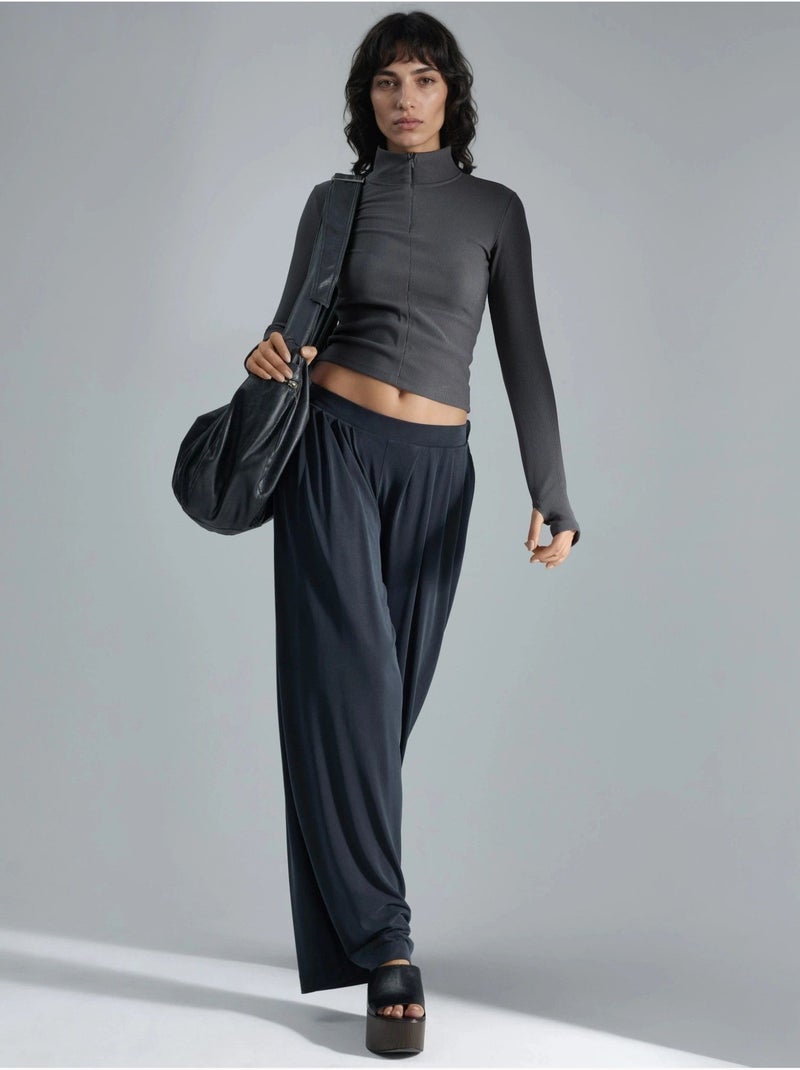 Pantalon plissé taille haute à jambes larges busem Gris foncé - Kiabi