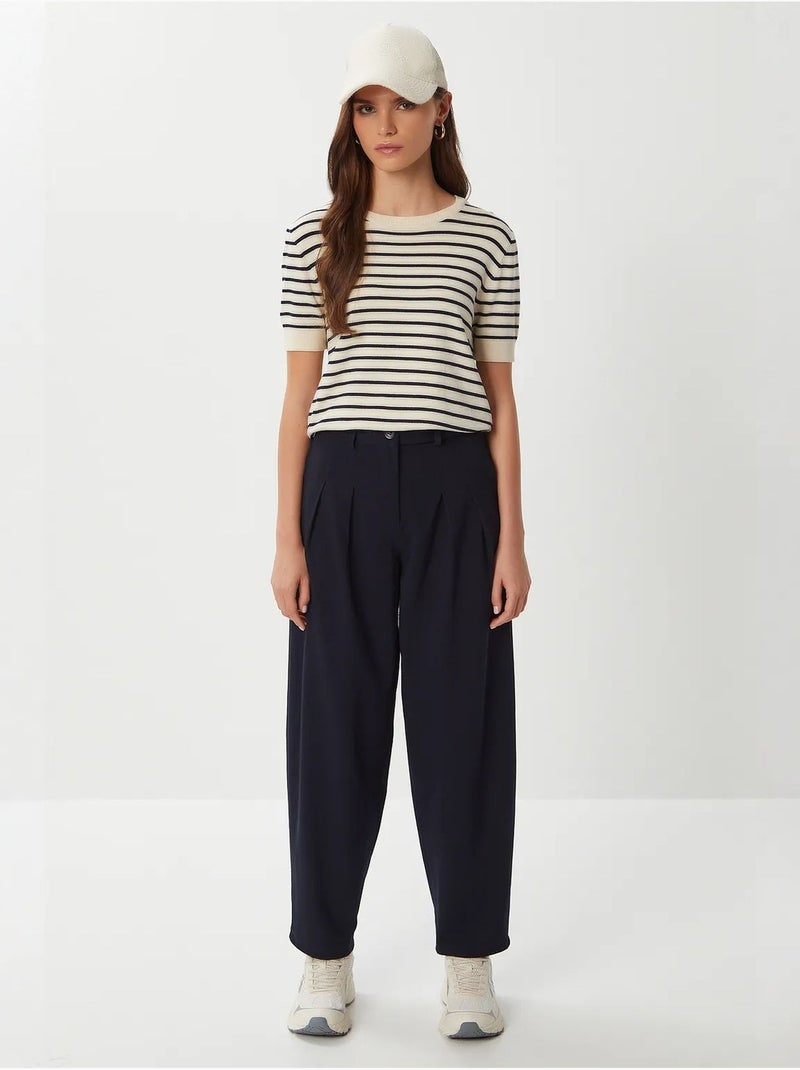 Pantalon plissé taille haute à jambes larges istanbul Bleu marine - Kiabi
