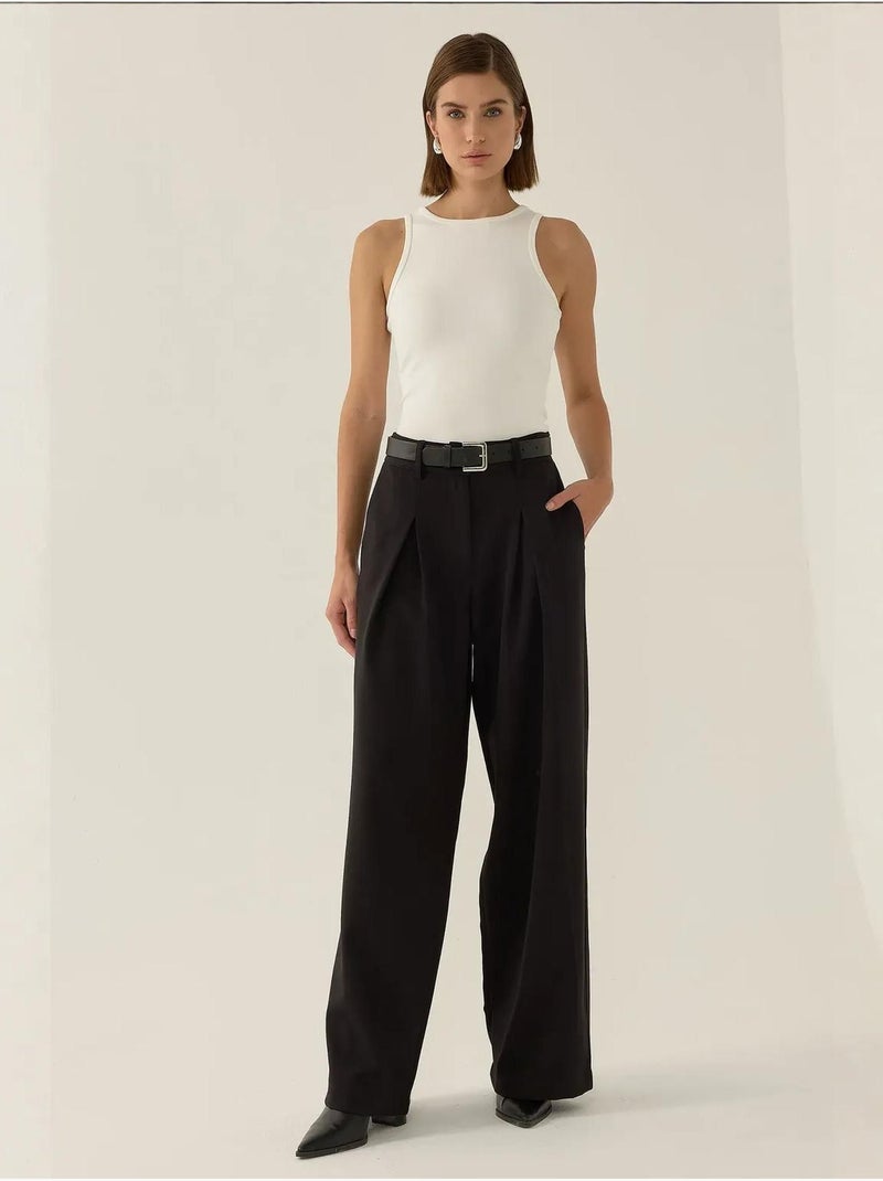 Pantalon plissé taille haute à jambes larges Noir - Kiabi