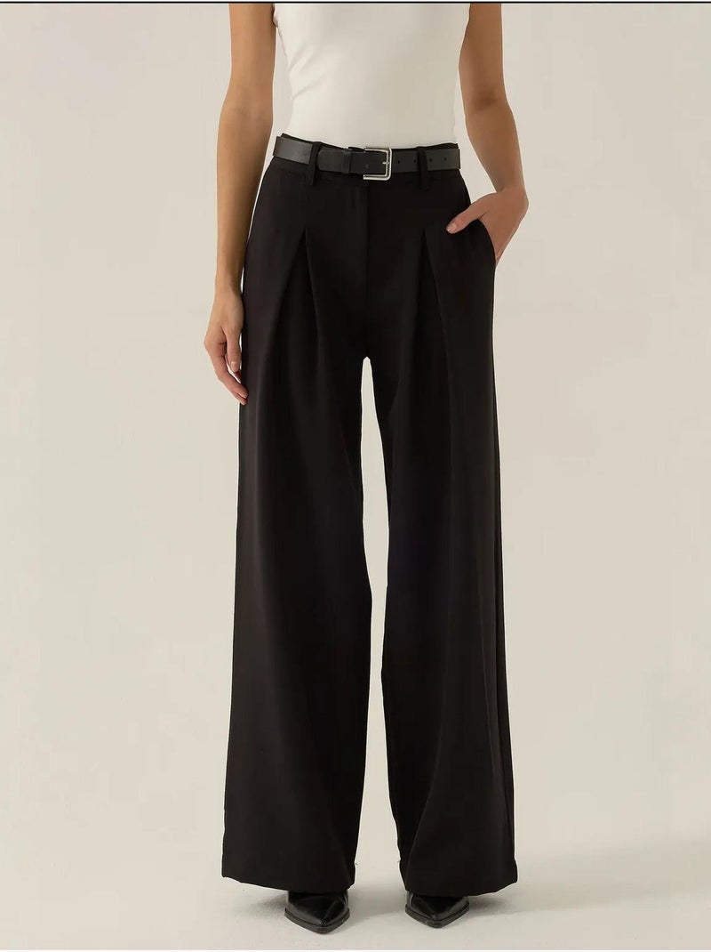 Pantalon plissé taille haute à jambes larges Noir - Kiabi