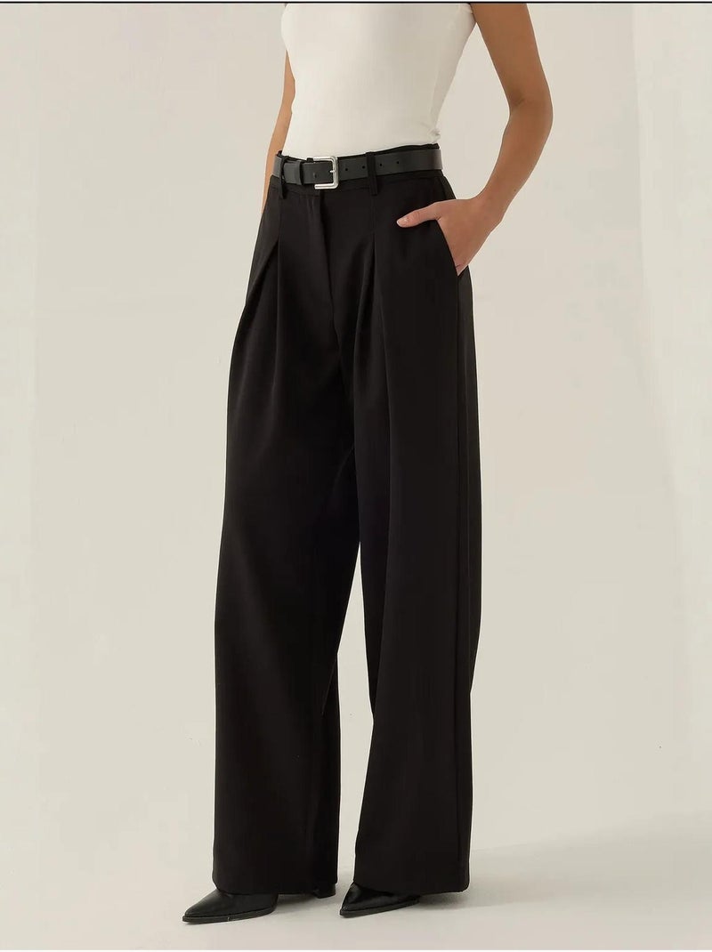 Pantalon plissé taille haute à jambes larges Noir - Kiabi