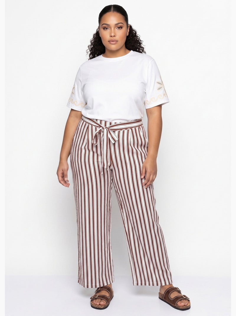 Pantalon rayé ceinturé, fils métallisés - AFIBEL Ecru/Marine - Kiabi