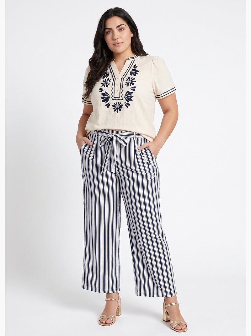 Pantalon rayé ceinturé, fils métallisés - AFIBEL Marine/Ecru - Kiabi
