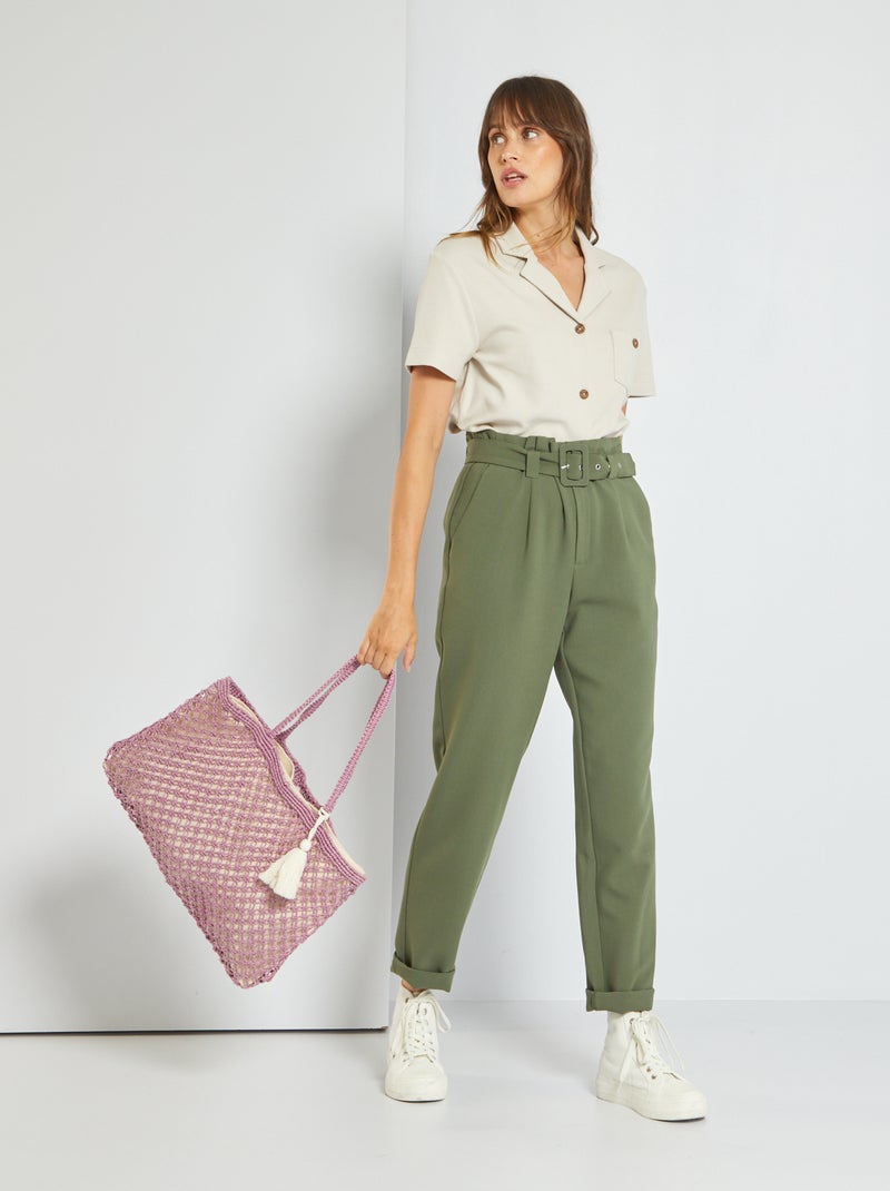 Pantalon regular taille haute + ceinture Kaki - Kiabi