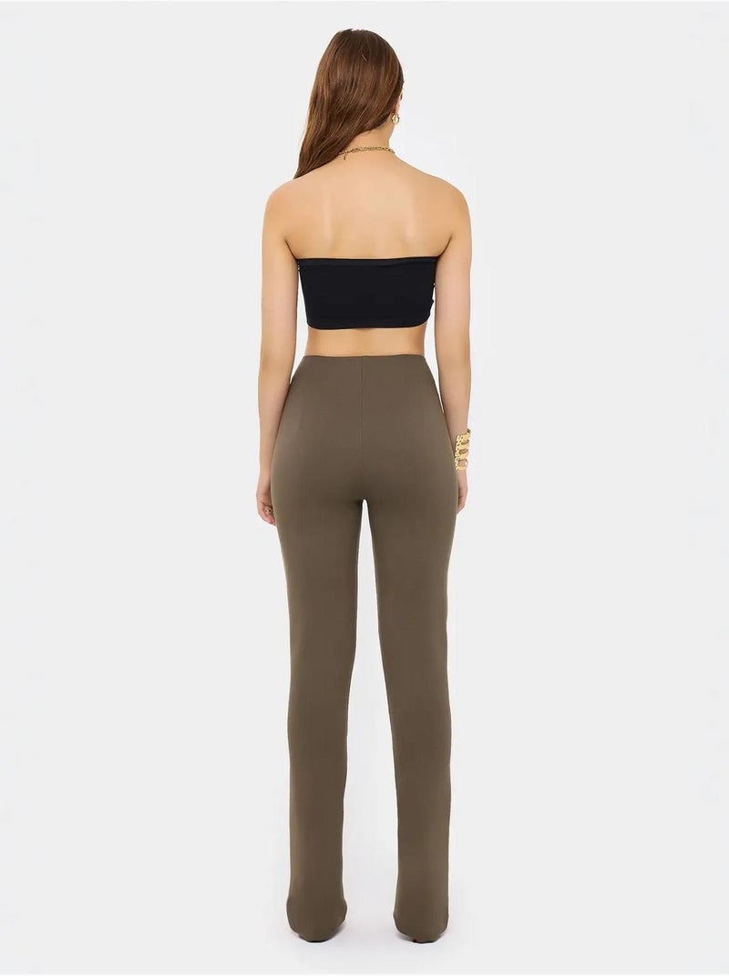 Pantalon slim taille haute avec fermeture zippée Marron - Kiabi