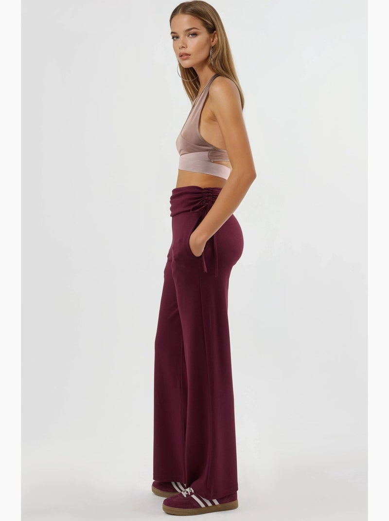 Pantalon taille haute à jambes larges avec détails à volants hiccup Rouge bordeaux - Kiabi