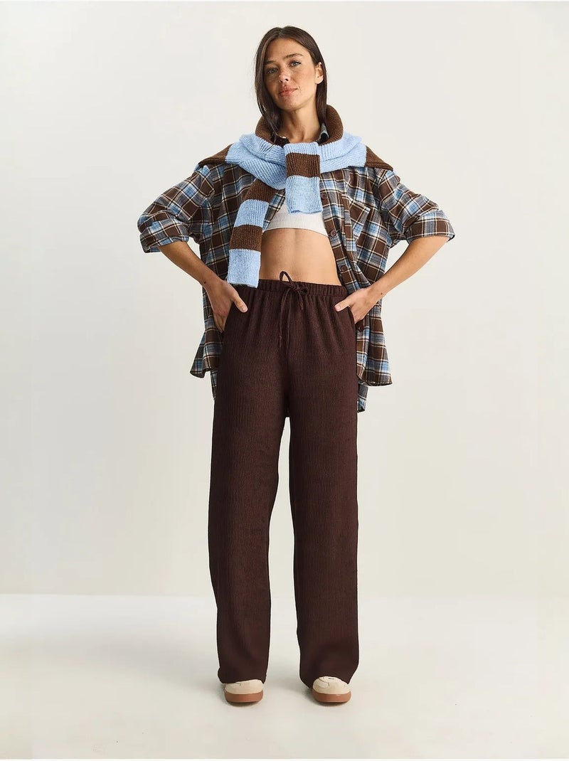 Pantalon taille haute à jambes larges en seersucker lucci Marron chocolat - Kiabi