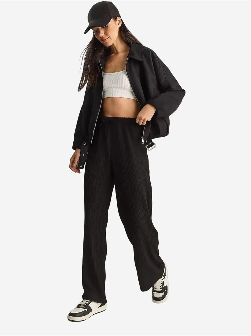 Pantalon taille haute à jambes larges en seersucker lucci Noir - Kiabi