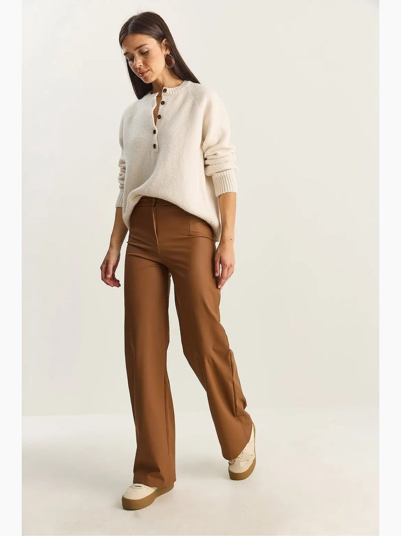 Pantalon taille haute à jambes larges en similicuir lucci Camel - Kiabi
