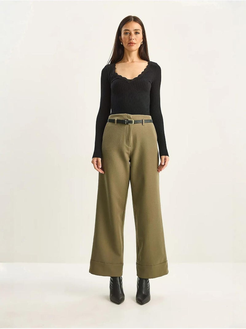 Pantalon taille haute à jambes larges lucci Kaki - Kiabi