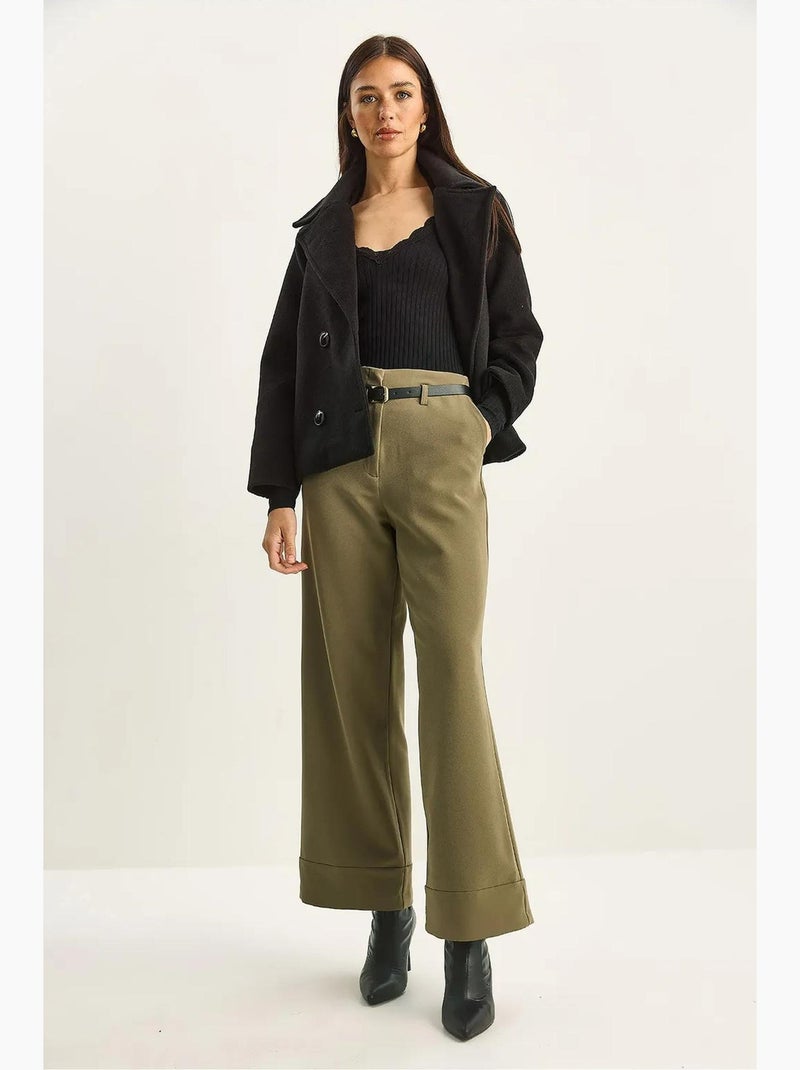 Pantalon taille haute à jambes larges lucci Kaki - Kiabi