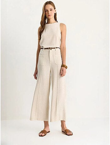 Pantalon taille haute, jambes larges, longueur cheville, avec ceinture lucci