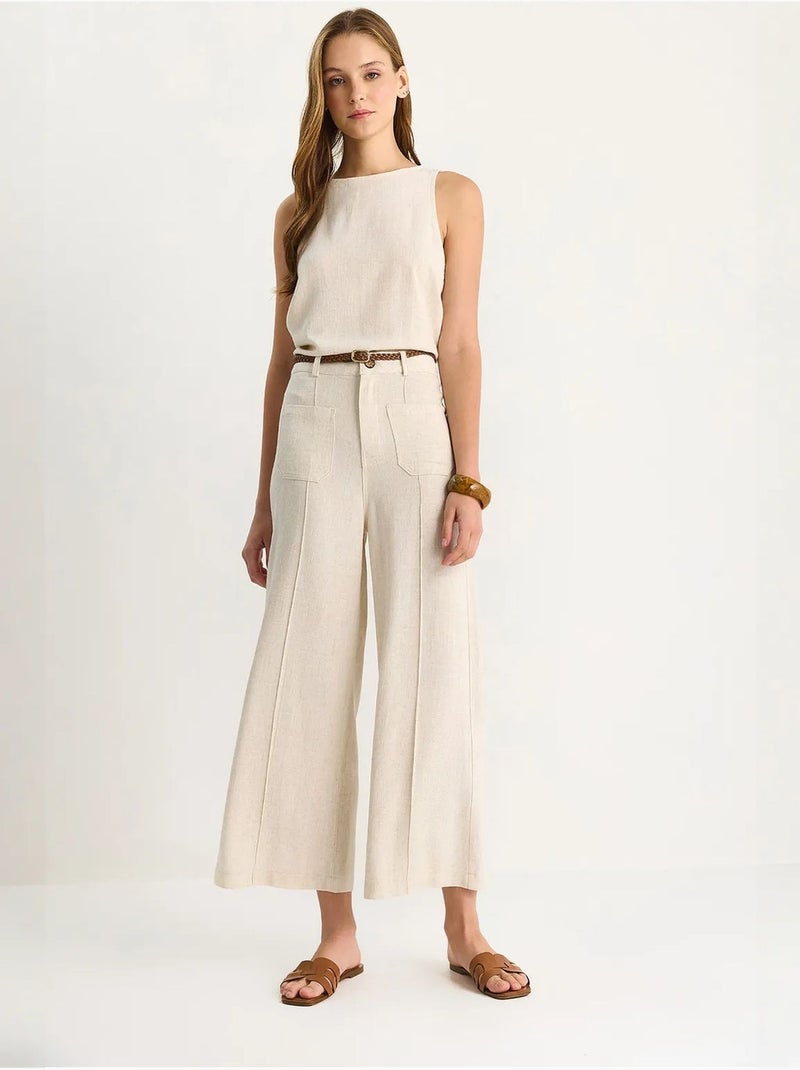Pantalon taille haute, jambes larges, longueur cheville, avec ceinture lucci Beige argile - Kiabi