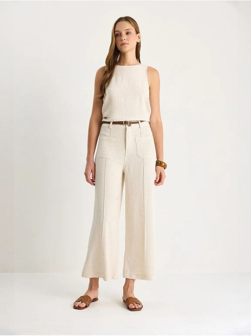 Pantalon taille haute, jambes larges, longueur cheville, avec ceinture lucci Beige argile - Kiabi