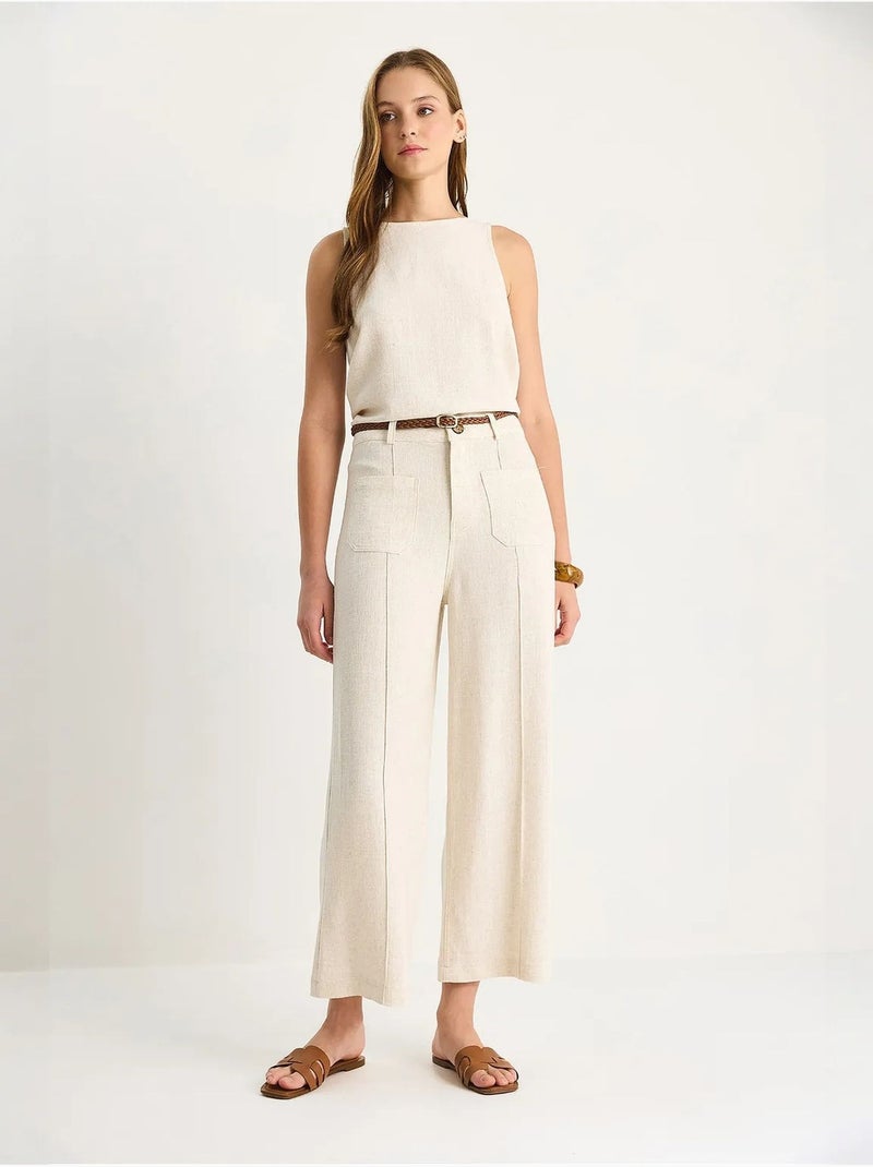 Pantalon taille haute, jambes larges, longueur cheville, avec ceinture lucci Beige argile - Kiabi