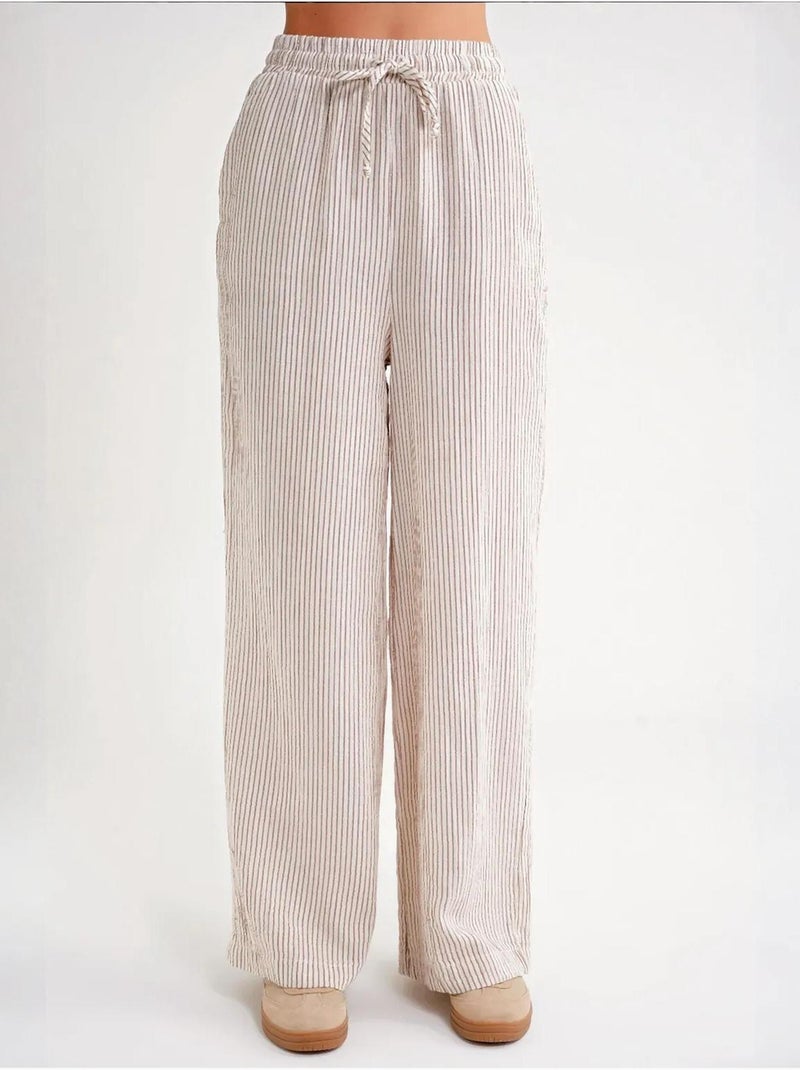 Pantalon taille haute rayé à cordon de serrage mixray Marron clair - Kiabi