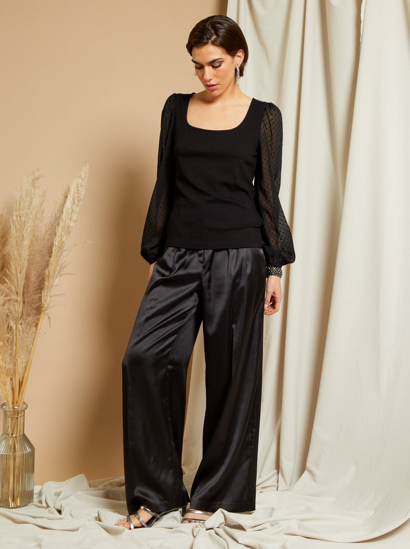Pantalon taille haute satiné noir - Kiabi