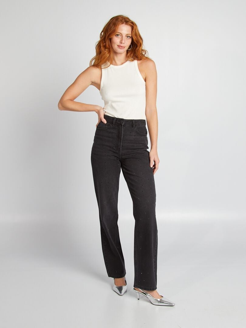 Pantalon taille haute straight avec strass - L32 Gris - Kiabi