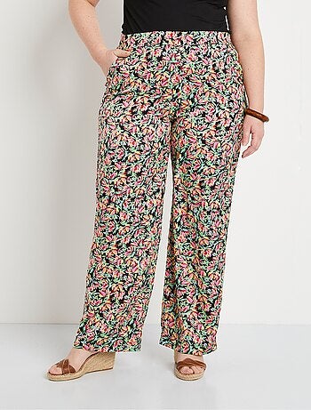 Pantalon taille semi-élastiquée satin fleuri