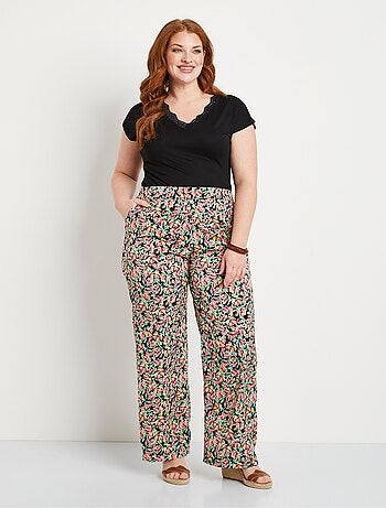 Pantalon taille semi-élastiquée satin fleuri