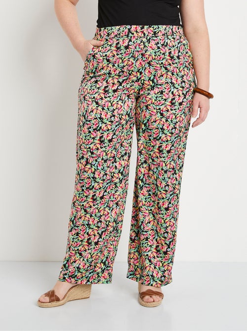 Pantalon taille semi-élastiquée satin fleuri - Kiabi
