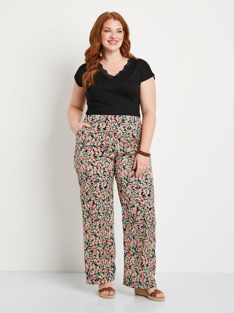 Pantalon taille semi-élastiquée satin fleuri Vert - Kiabi