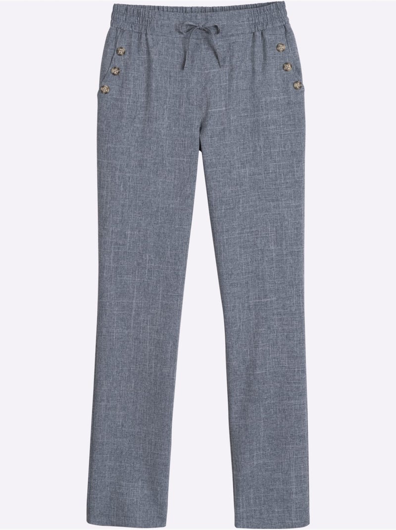 Pantalon texturé à ceinture élastique et poches arrondies avec boutons - Taille courte - Moda Vilona Bleu jean - Kiabi