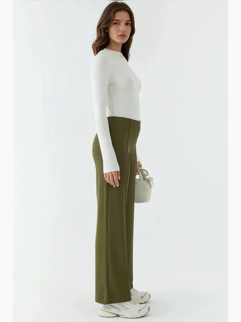 Pantalon texturé taille haute à jambes larges hiccup Kaki - Kiabi