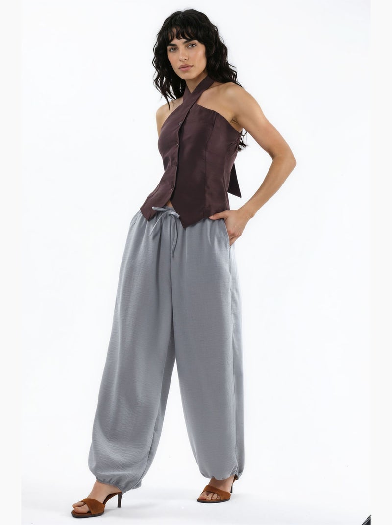 Pantalon tissé à jambe large avec taille à cordon de serrage busem Gris clair - Kiabi