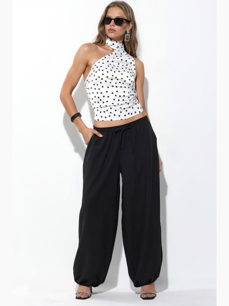 Pantalon tissé à jambe large avec taille à cordon de serrage busem Noir - Kiabi
