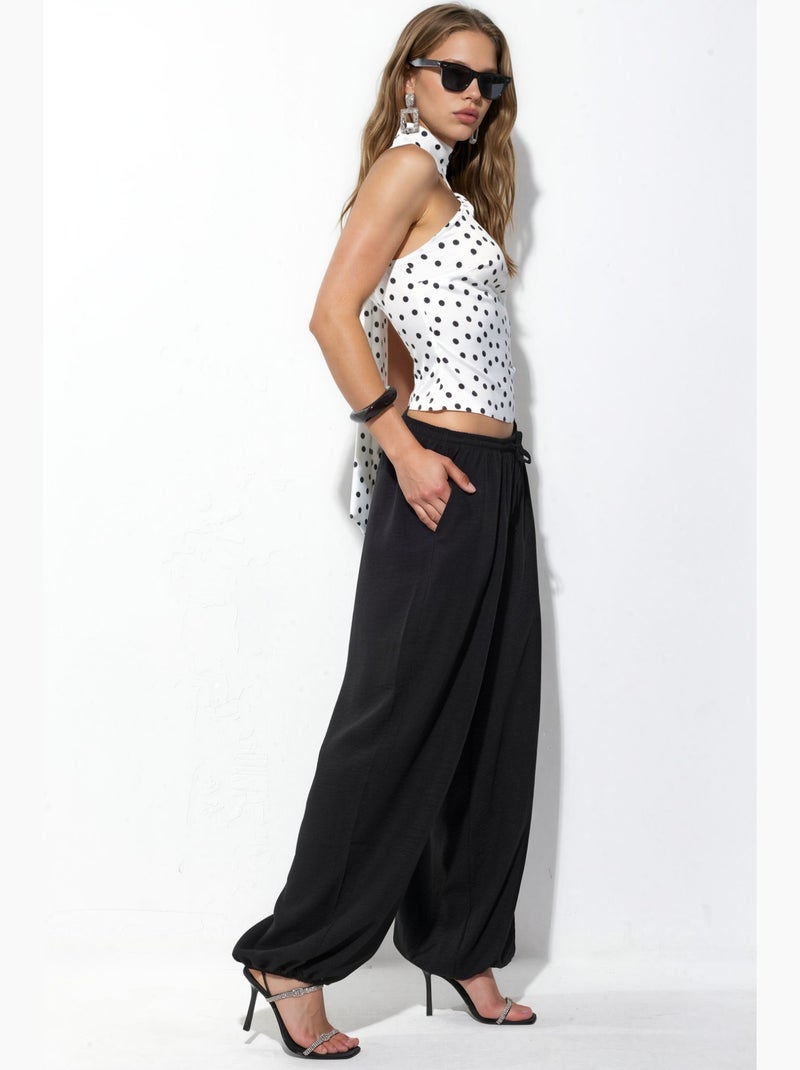 Pantalon tissé à jambe large avec taille à cordon de serrage busem Noir - Kiabi