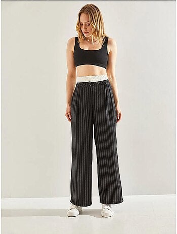 Pantalon tissé à rayures bianco avec détail contrasté à la taille lucci