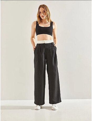 Pantalon tissé à rayures bianco avec détail contrasté à la taille lucci