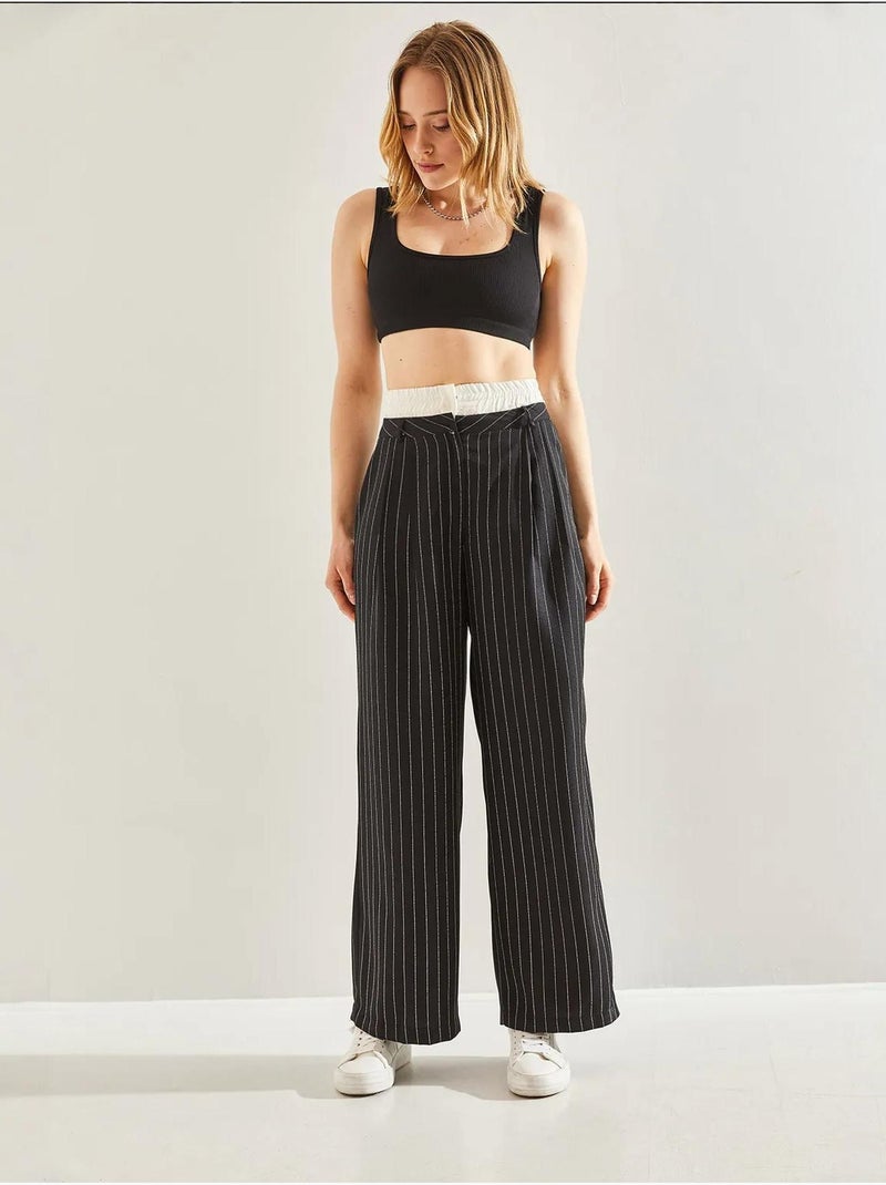 Pantalon tissé à rayures bianco avec détail contrasté à la taille lucci Noir - Kiabi