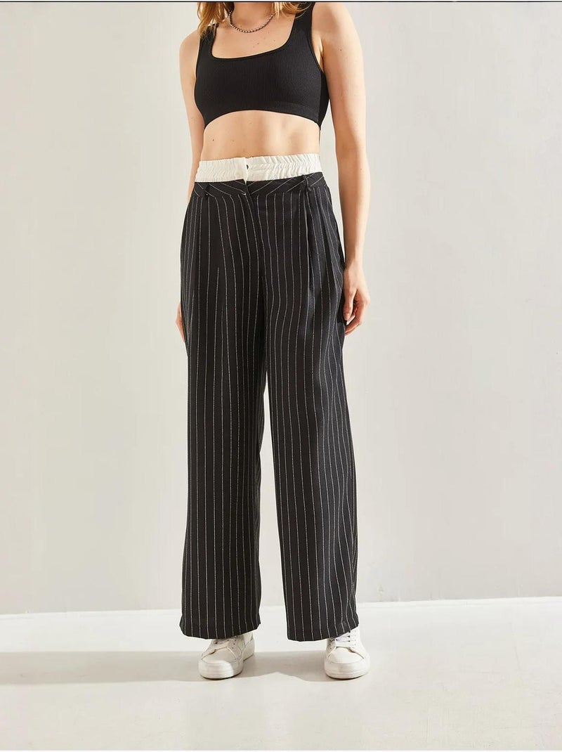 Pantalon tissé à rayures bianco avec détail contrasté à la taille lucci Noir - Kiabi