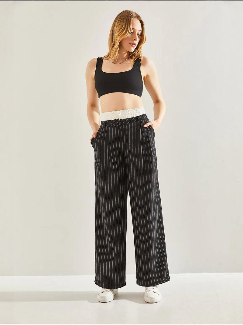 Pantalon tissé à rayures bianco avec détail contrasté à la taille lucci Noir - Kiabi
