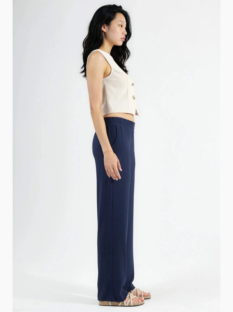 Pantalon tricoté taille mi-haute à jambes larges hiccup Bleu marine - Kiabi