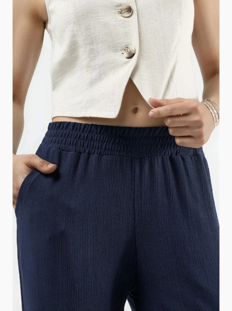 Pantalon tricoté taille mi-haute à jambes larges hiccup Bleu marine - Kiabi