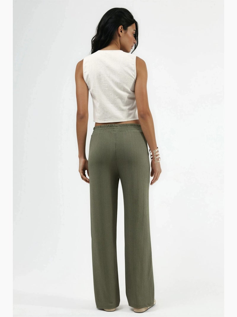 Pantalon tricoté taille mi-haute à jambes larges hiccup Kaki - Kiabi