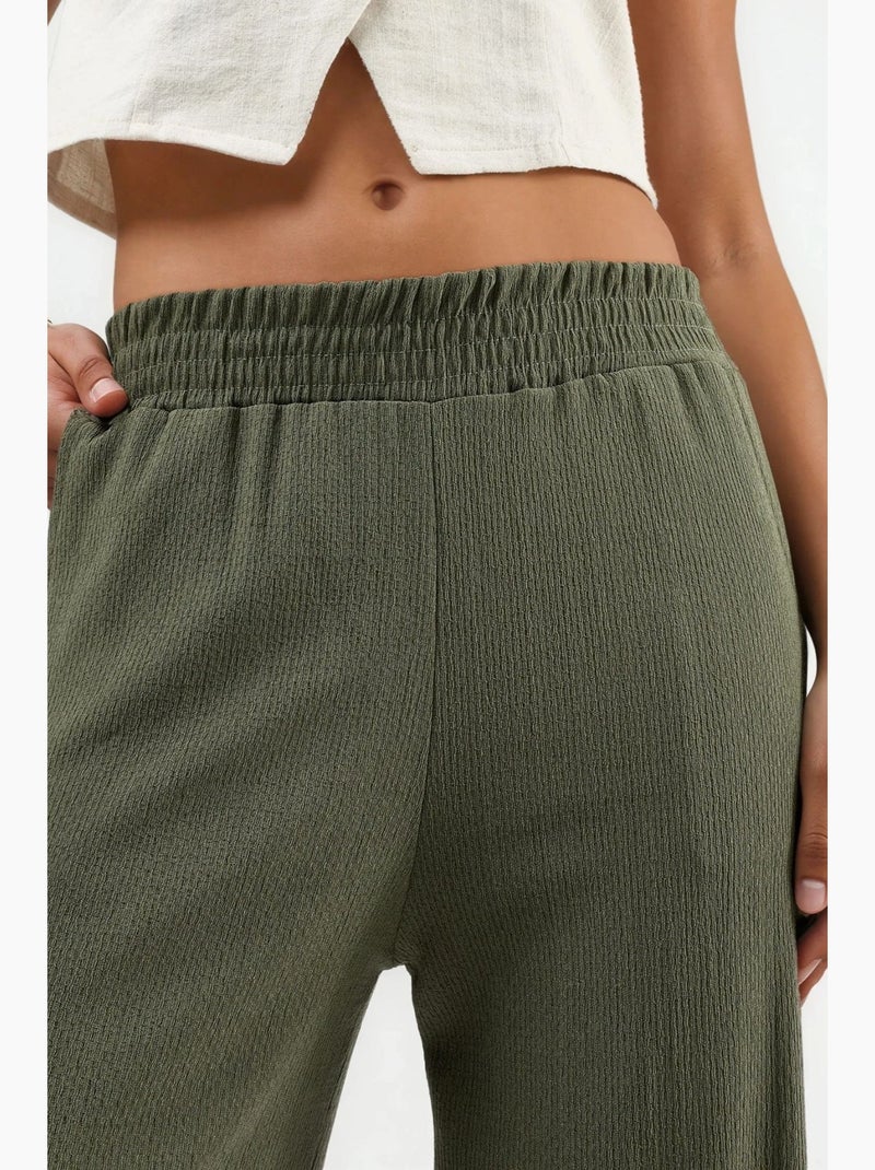 Pantalon tricoté taille mi-haute à jambes larges hiccup Kaki - Kiabi