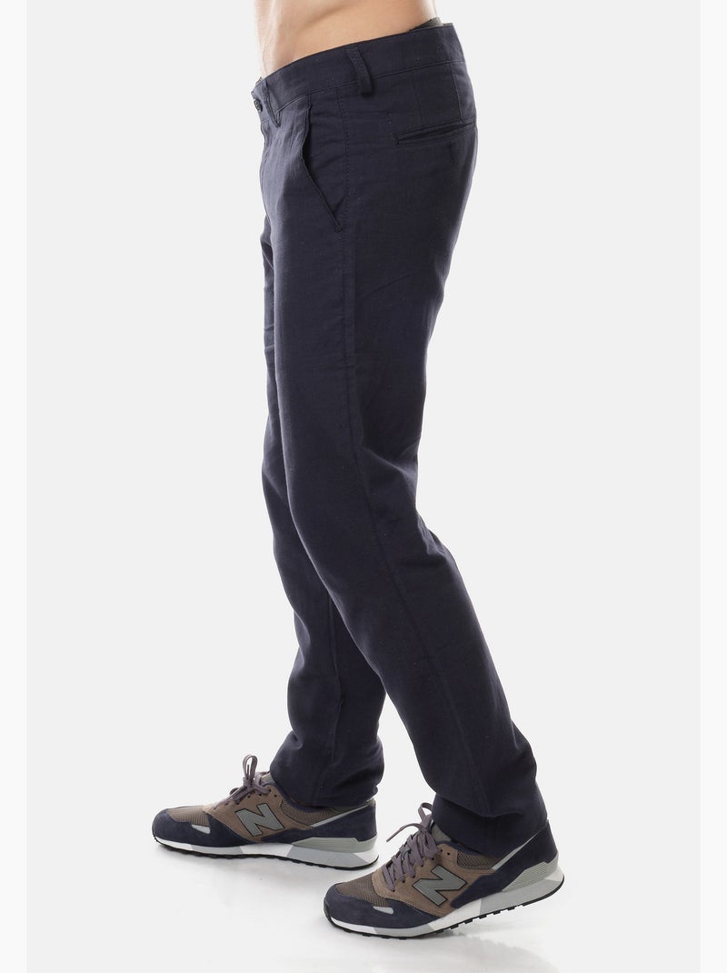 Pantalon uni en coton et lin Bleu marine - Kiabi