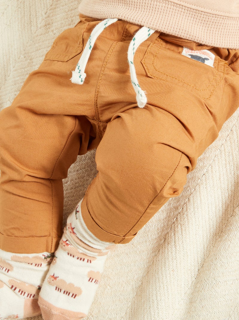 Pantalon uni en coton Marron - Kiabi