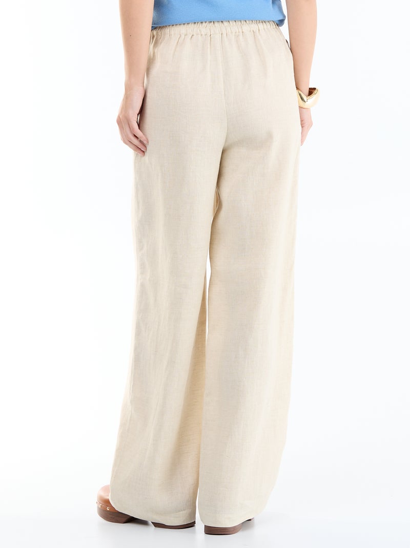 Pantalon uni en lin coupe large Beige - Kiabi