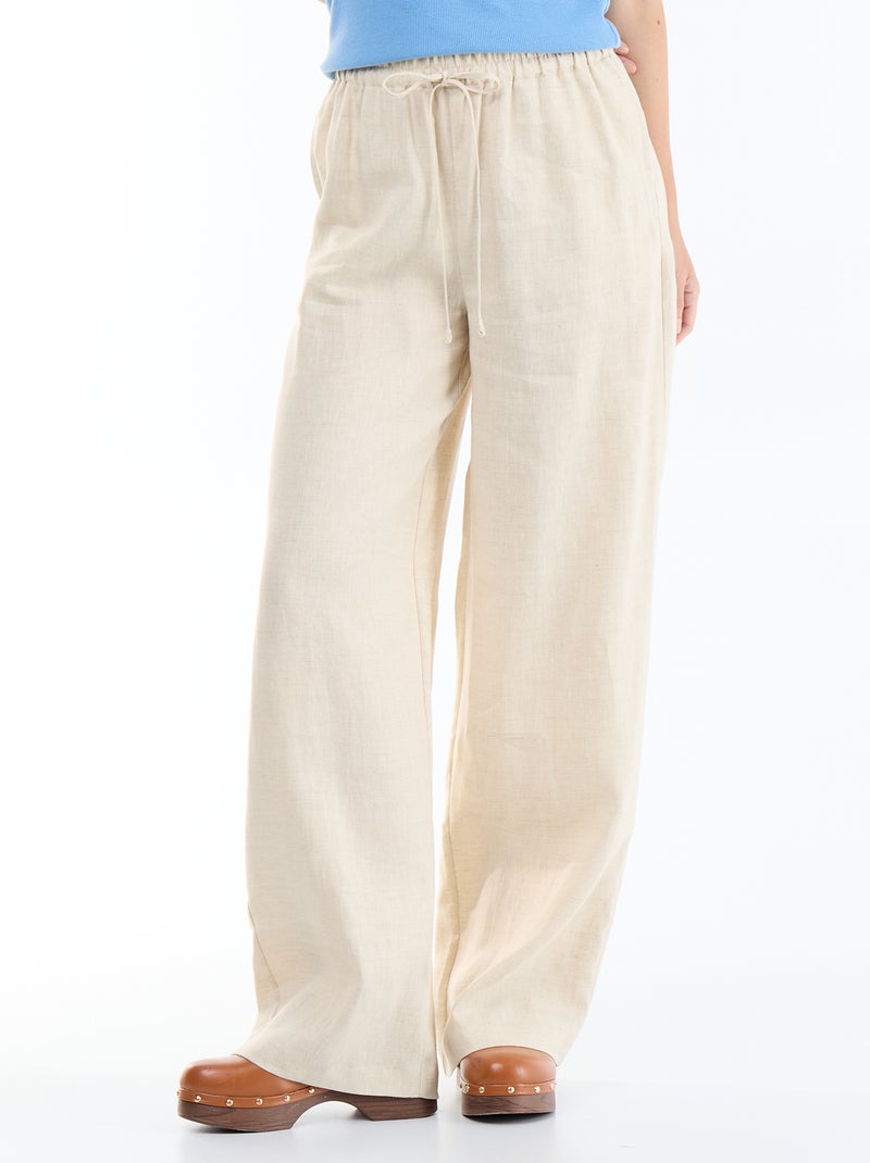 Pantalon uni en lin coupe large Beige - Kiabi