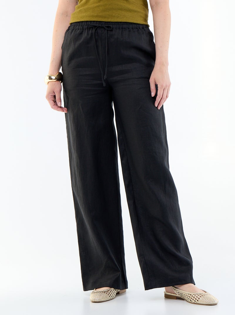 Pantalon uni en lin coupe large Noir - Kiabi