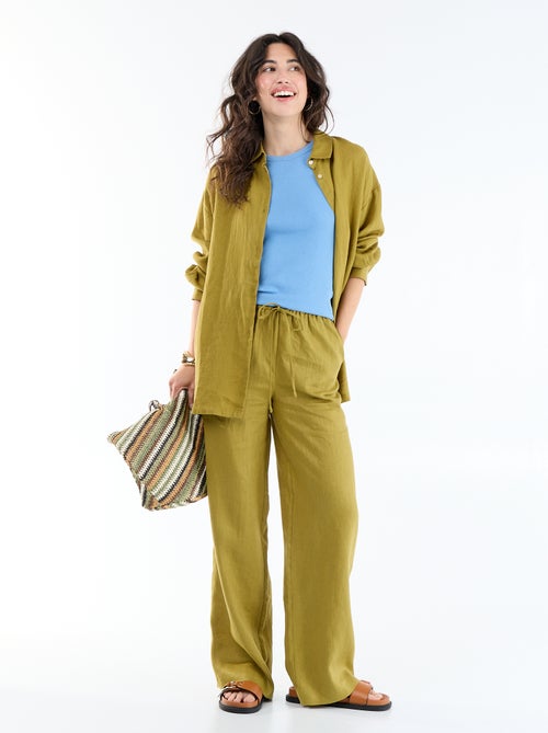 Pantalon uni en lin coupe large - Kiabi