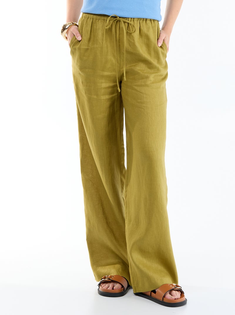 Pantalon uni en lin coupe large Vert - Kiabi