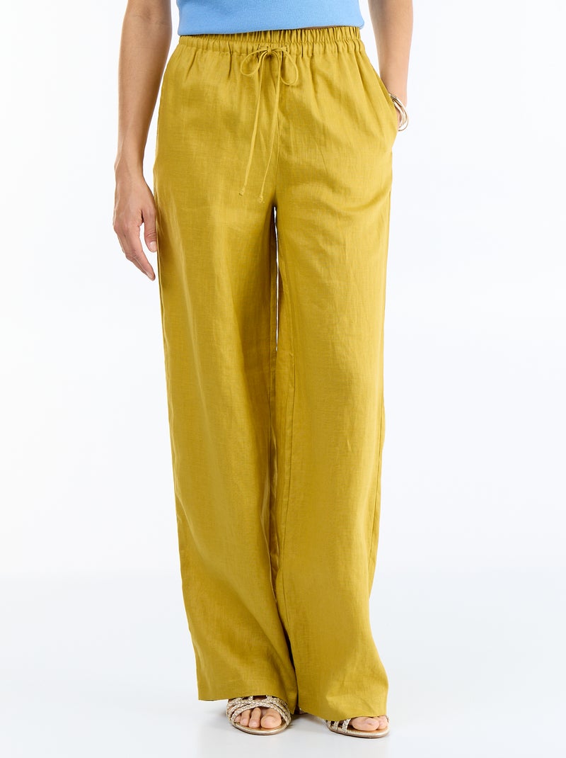 Pantalon uni en lin coupe large Vert - Kiabi