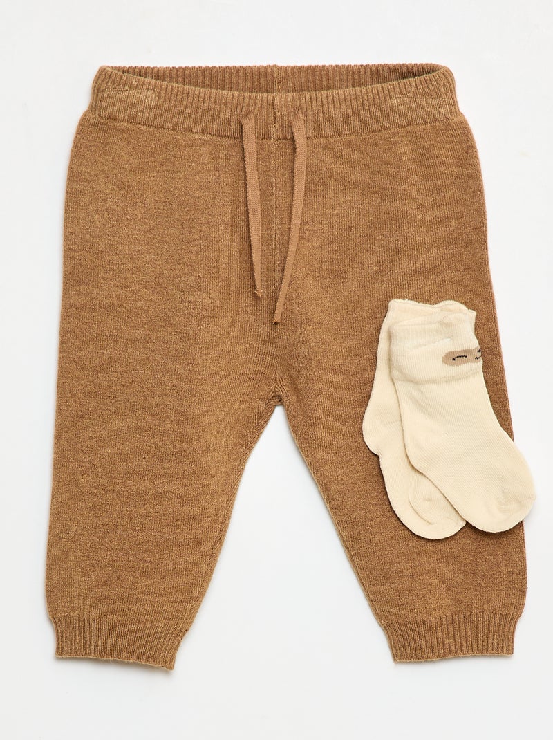 Pantalon uni en maille chaussettes pièces Beige Bébé